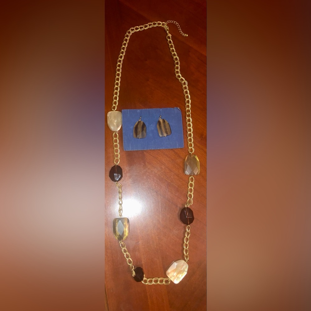 Prwnd vintage gold matte necklace 36” w brown stones and earrings  1 1/4”